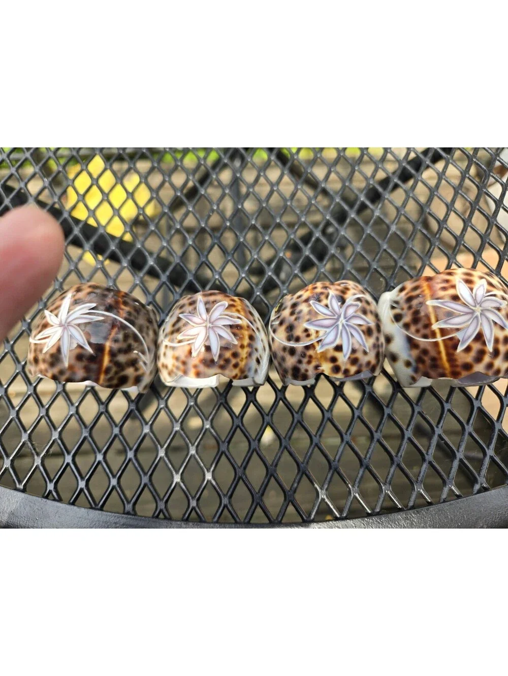 4 Vintage Cowrie Shell Napkin Rings Carved Flower Spotted Tiki Tropical Beach